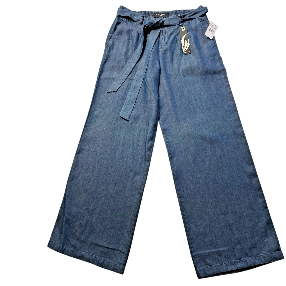 Nine West Wide Leg Paperbag Waist Pants w/ Belt Minimalist Coastal Chambray, 6